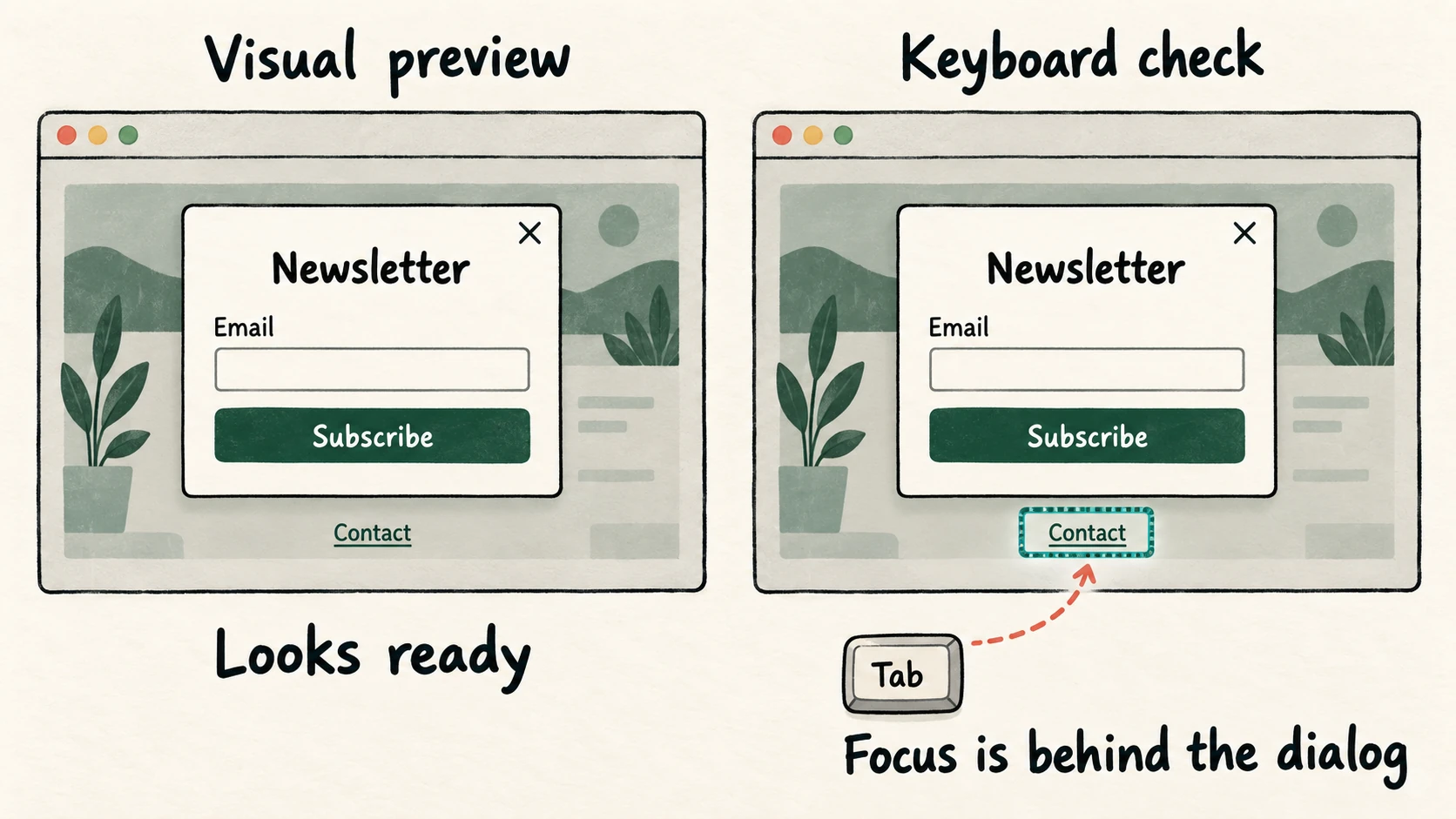 The same newsletter popup in a visual preview and a keyboard check. It looks ready, but pressing Tab focuses the Contact link on the page behind the dialog.